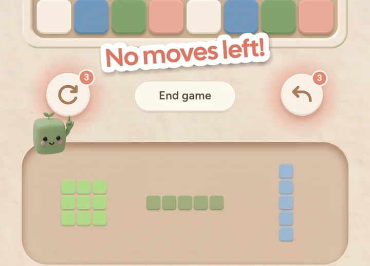 No moves left: Sprouty points to the Refresh and Undo jokers.