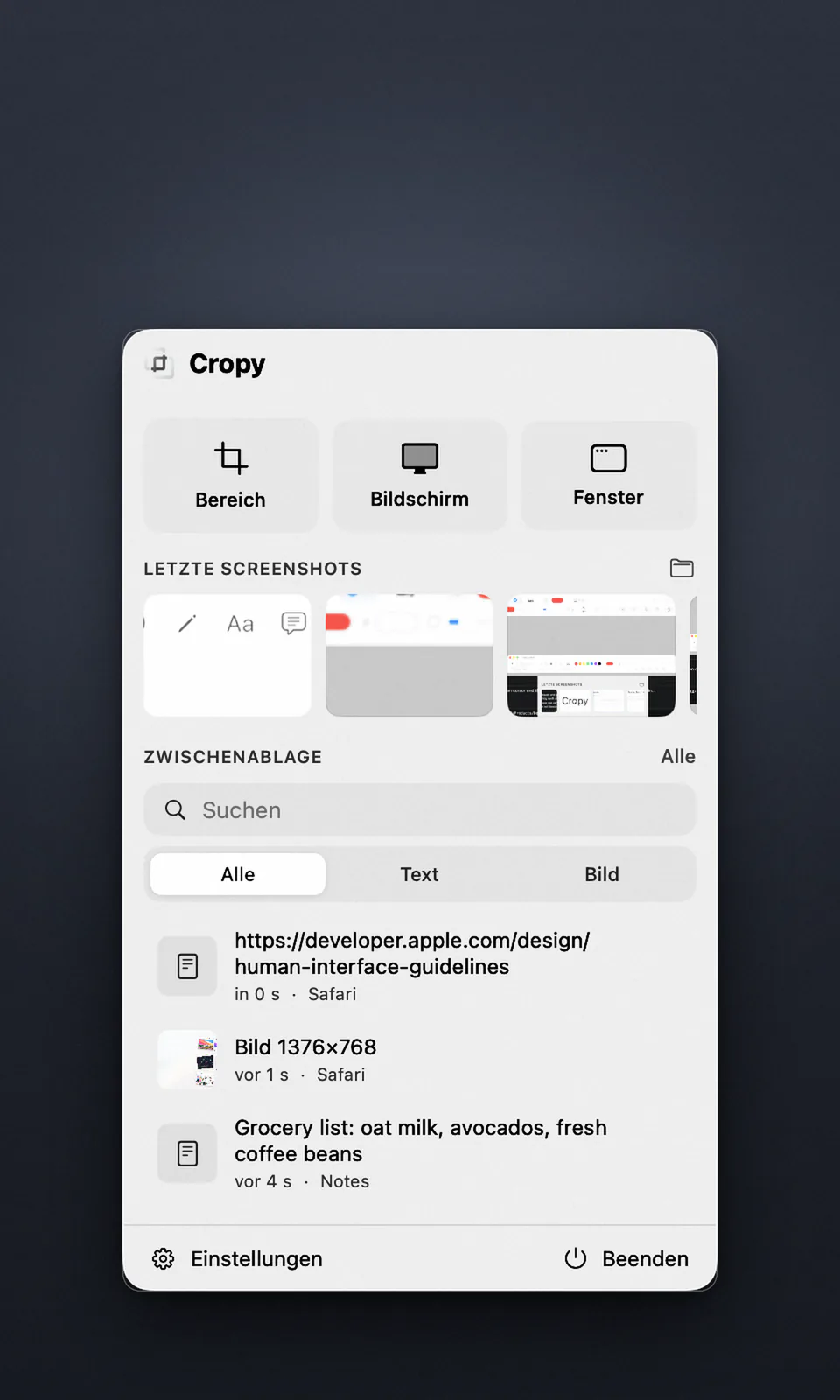 Cropy auf dem Mac: das Menü mit Bereich, Bildschirm, Fenster, den letzten Screenshots und der Zwischenablage
