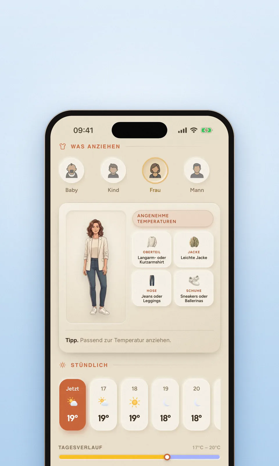 Wearther auf dem iPhone: das passende Outfit zum Wetter, mit Profilen für Baby, Kind, Frau und Mann