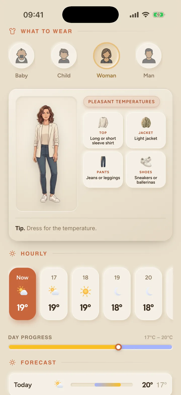 Wearther on iPhone: for pleasant temperatures a long or short sleeve shirt, a light jacket, jeans or leggings and sneakers or ballerinas.