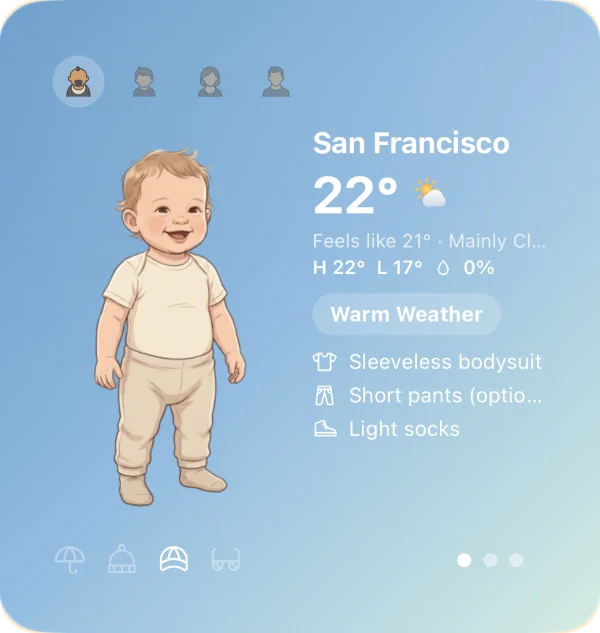 Wearther widget: the outfit for a baby at 22° in San Francisco – sleeveless bodysuit, short pants and light socks.