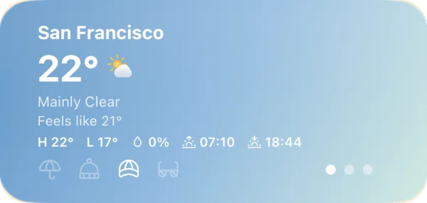 Wearther weather widget: 22° and mainly clear in San Francisco, with high, low, chance of rain, sunrise and sunset.