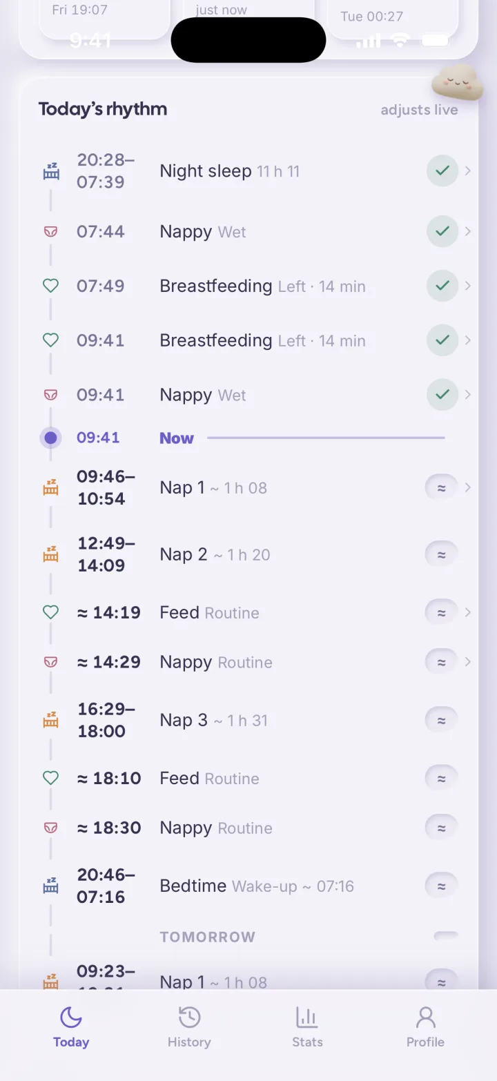 yuna’s day view: night sleep, feeds and diapers so far, and the naps still to come.