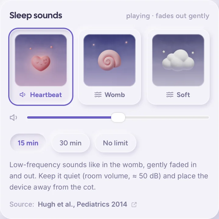 Sleep sounds in yuna: Heartbeat is playing, next to Womb and Soft, with volume and a 15-minute timer.