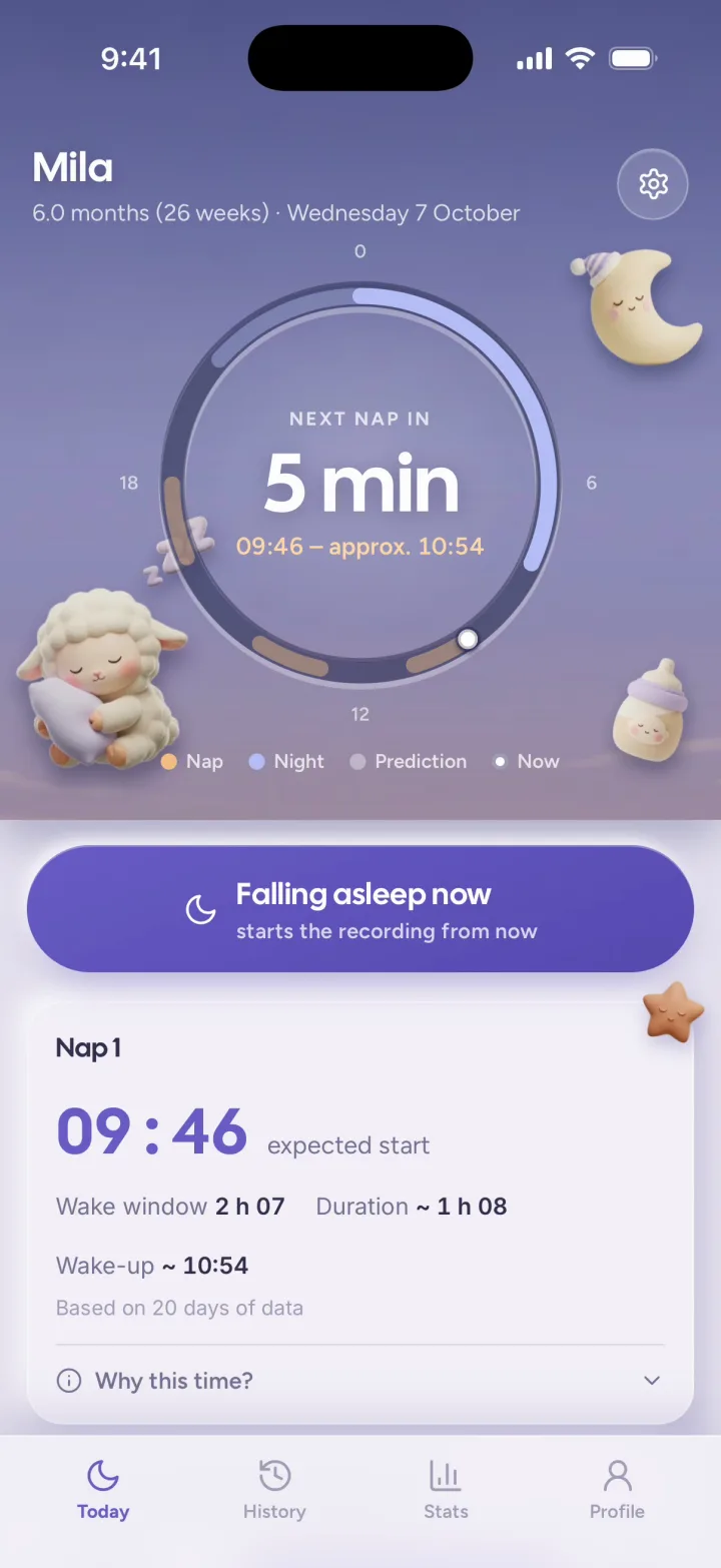 yuna on iPhone: the next nap in 5 minutes, expected to start at 9:46, with wake window, duration and wake-up time.