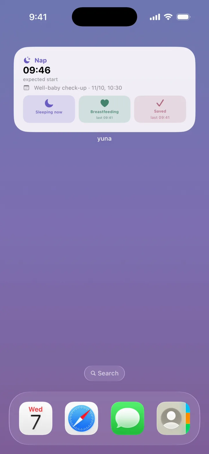 The yuna widget on the home screen: the next nap at 9:46 and buttons to log with one tap.
